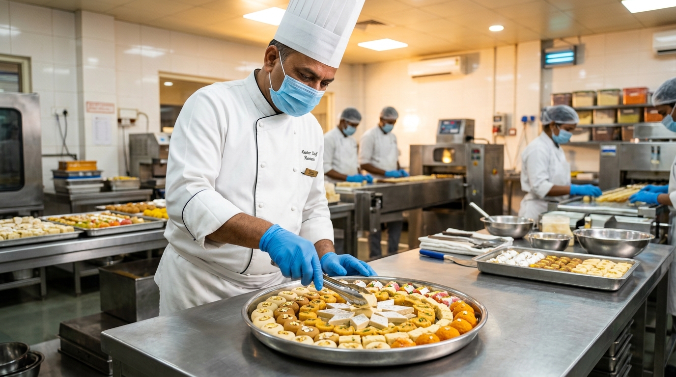 Hygienic Master Chef Wearing Mask Preparing Fresh Sweets at Doaba Sweets Factory